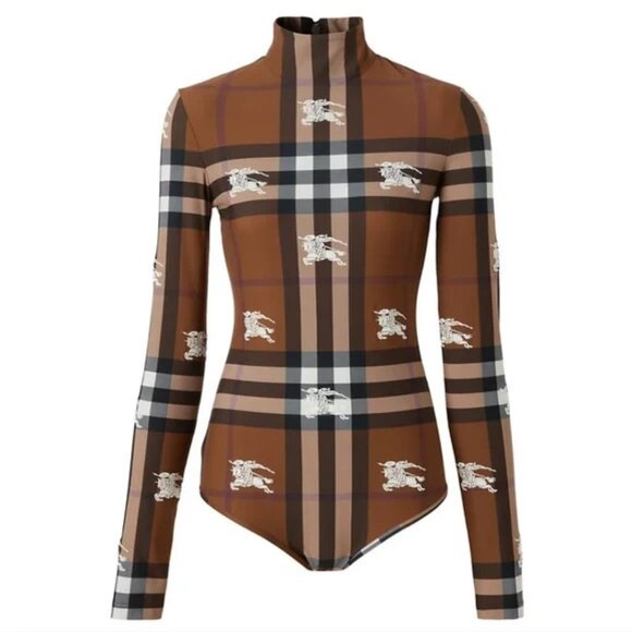 Burberry Plaid Logo-Print Check Embroidered C8 Stretch Jersey Bodysuit Sz M - Picture 7 of 17